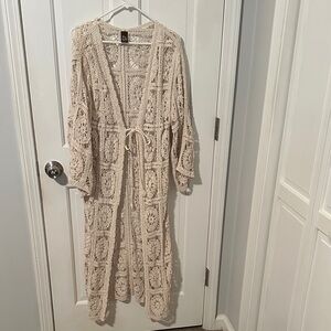 Raj Crochet Cardigan in Cream floor length